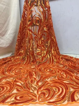 

High quality orange color African velvet net lace fabric with sequins embroidery new French lace fabric for party dress FZZ418