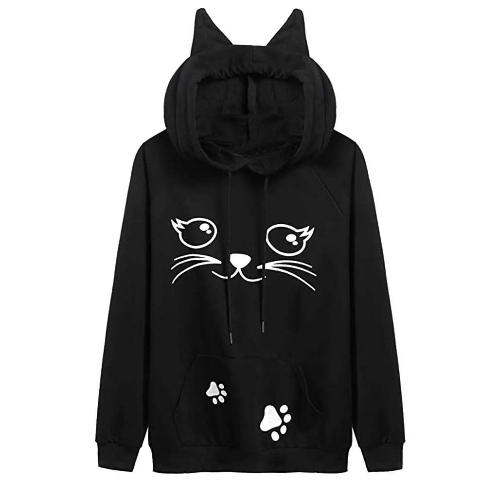 Kawaii Толстовка осенние свободные толстовки прекрасная блуза с принтом кошки женские длинные толстовки с карманами верхняя одежда флисовая Длинная толстовка d