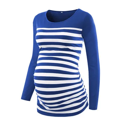 blue stripe Комплект из 3 предметов, Женская туника для беременных, топы, одежда для мамы, красивая футболка с длинными рукавами и рюшами, с глубоким вырезом, для беременных - Цвет: blue stripe