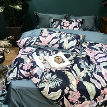 

100% Egyptian cotton Elegant bedding set deep blue tropical leaf print bedlinen sheets Satin bed set pastoral style bedspreads