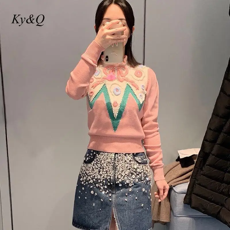 2020 Spring New Women Vintage Pullover Pink Ruffled Collar Floral Embroidery Beaded Brand Design Luxury Sweater Clothes | Женская одежда