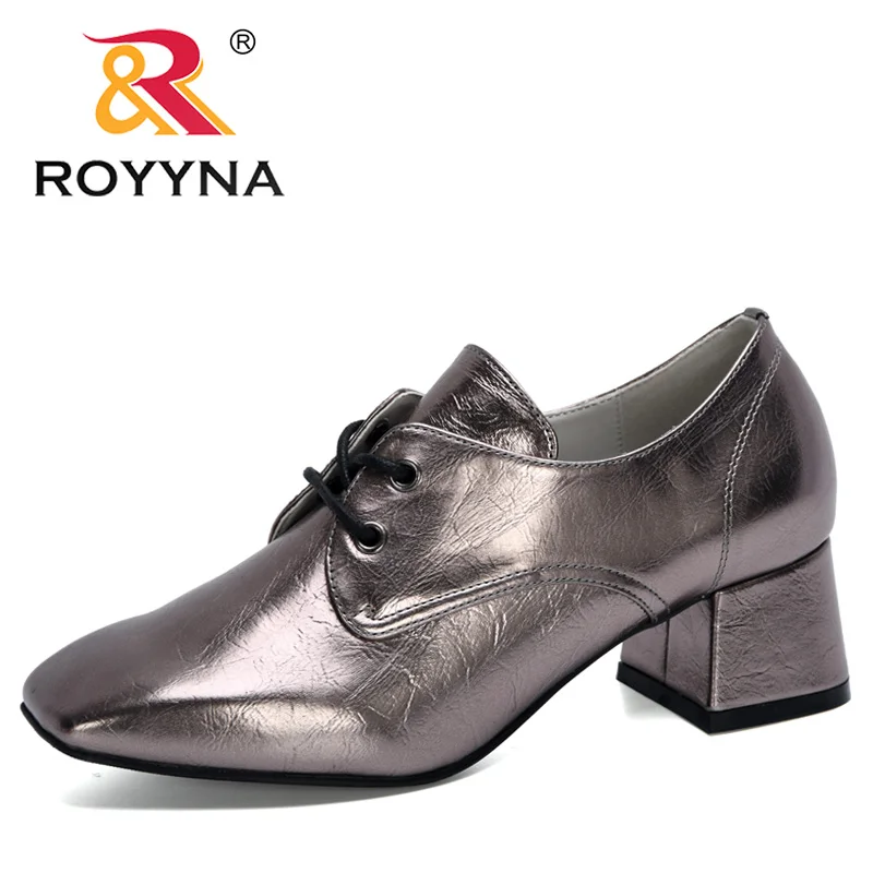 

ROYYNA 2020 New Designers Metal Color Shoes Women Pumps Leather Lace-Up School Shoes Girls Chunky Heel Office Footwear Feminimo