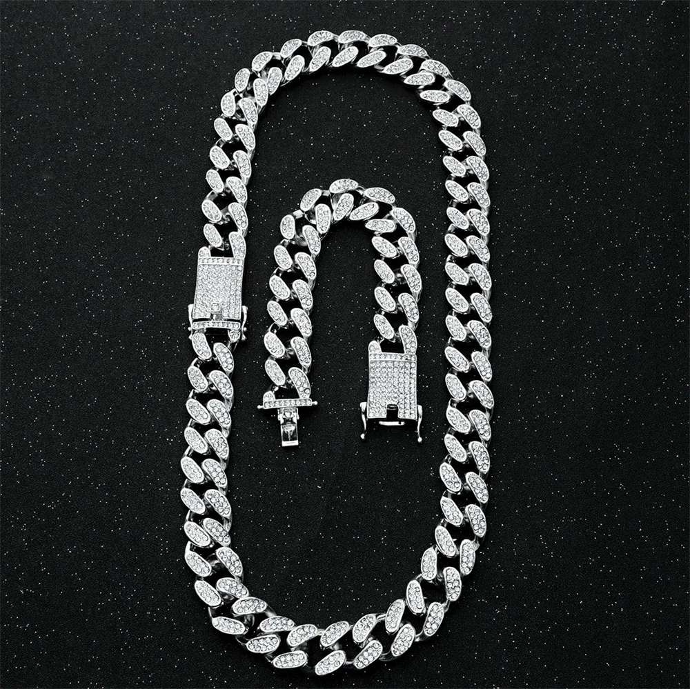 20mm Heavy Hip Hop Iced Out Miami Cuban Link Chain for Mens Bling Full Crystal Rhinestone Gold Silver Necklace Jewelry Bracelets