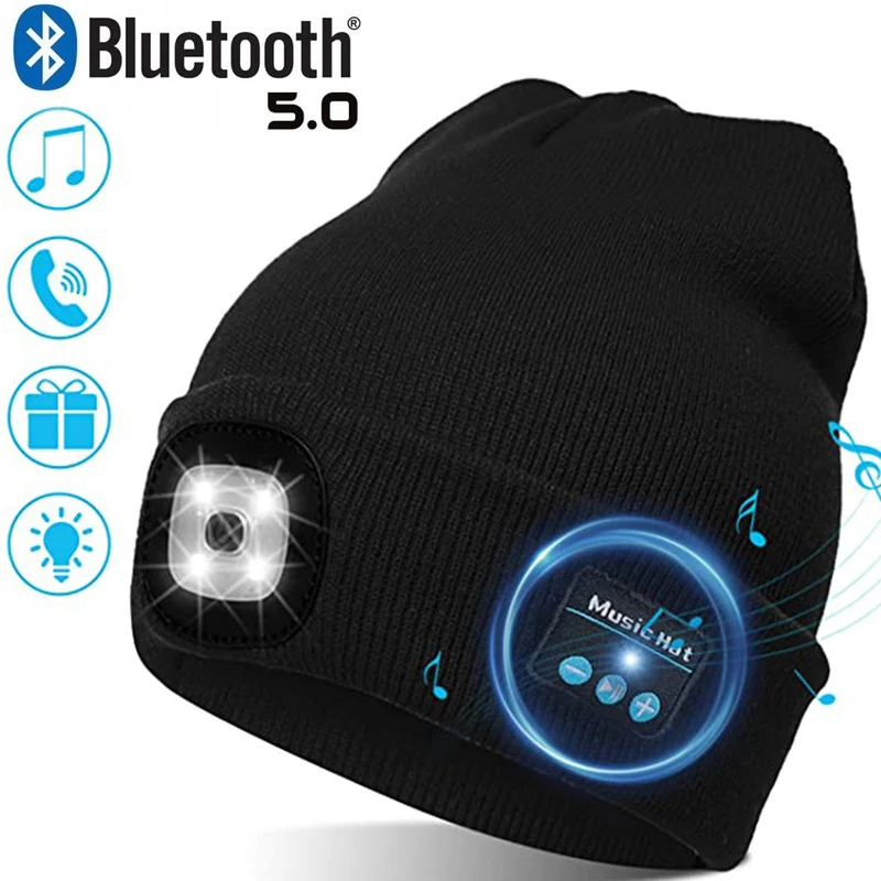 Warm Beanie Bluetooth 5.0 LED Hat Wireless Stereo Headset Music Player with MIC for Handsfree