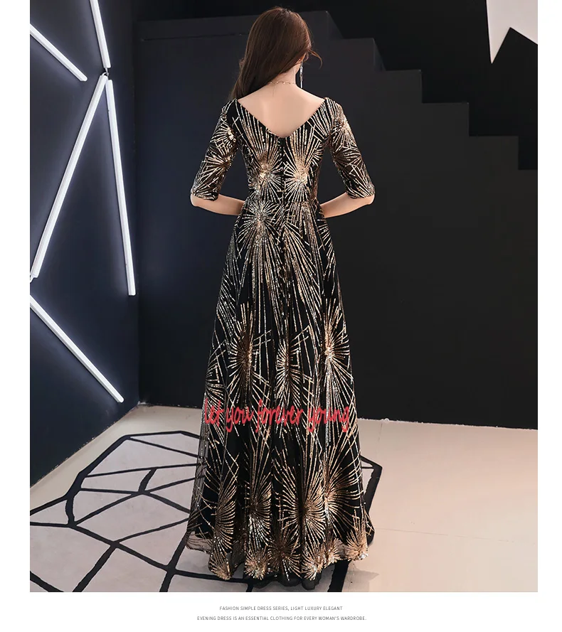 plus size formal dresses & gowns Robe De Soiree Evening Dress 2022 Gold Sequined Crystal O-Neck Black Floor-length Dinner Gowns RU56 formal gowns for women