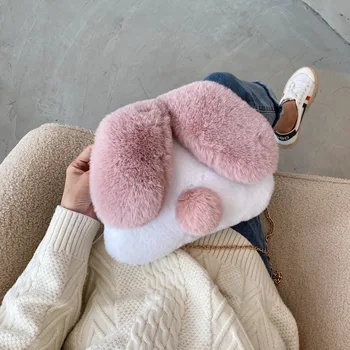 

Winter Soft Warm Faux Fur Messenger Bag For Young Women Cute Cartoon Rabbit Long Ear Plush Girls Chain Shoulder Bag