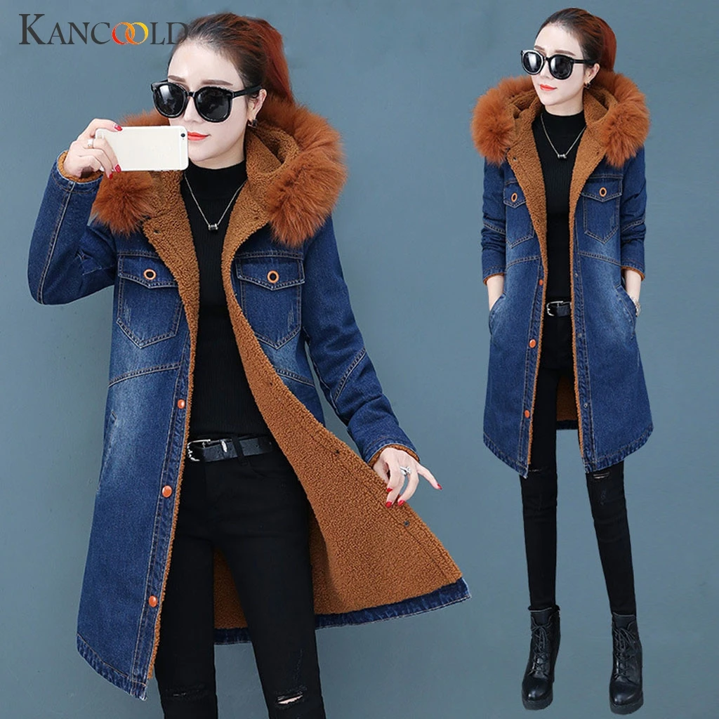 lower price  KANCOOLD coats Winter Warm Women Fluffy Denim Jacket Hooded Long Outwear Overcoat Long Sleeve coats