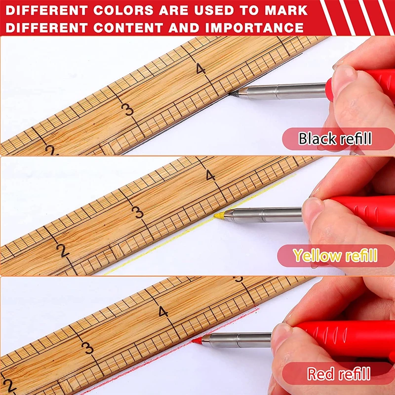 Solid Carpenter Pencil Set with 7 Refill Leads, Built-in Sharpener, Deep Hole Mechanical Pencil Marker Marking Tool