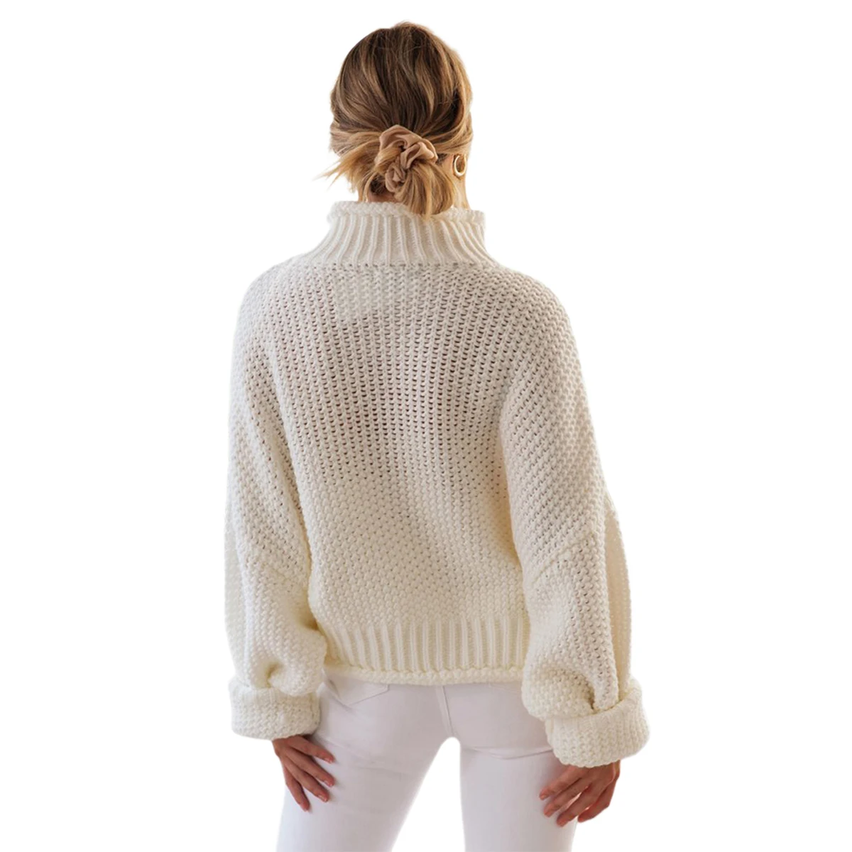 Women Autumn Loose Sweater Casual Style Solid Color Long Sleeve High Collar Knitwear One Size