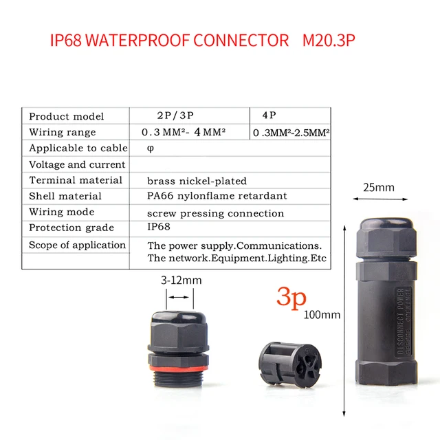 IP68 Waterproof Connector 2 Pin 3 Pin 4 Pin 5 Pin Electrical Terminal Adapter Wire Connector Screw Pin connector LED Light pin M20 3p
