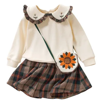 

Autumn Baby Girl Long Sleeve Cotton Flower Pattern Sweatshirts Top+Plaid Short Skirts+Crossbody Bag Casual Outfits Set a