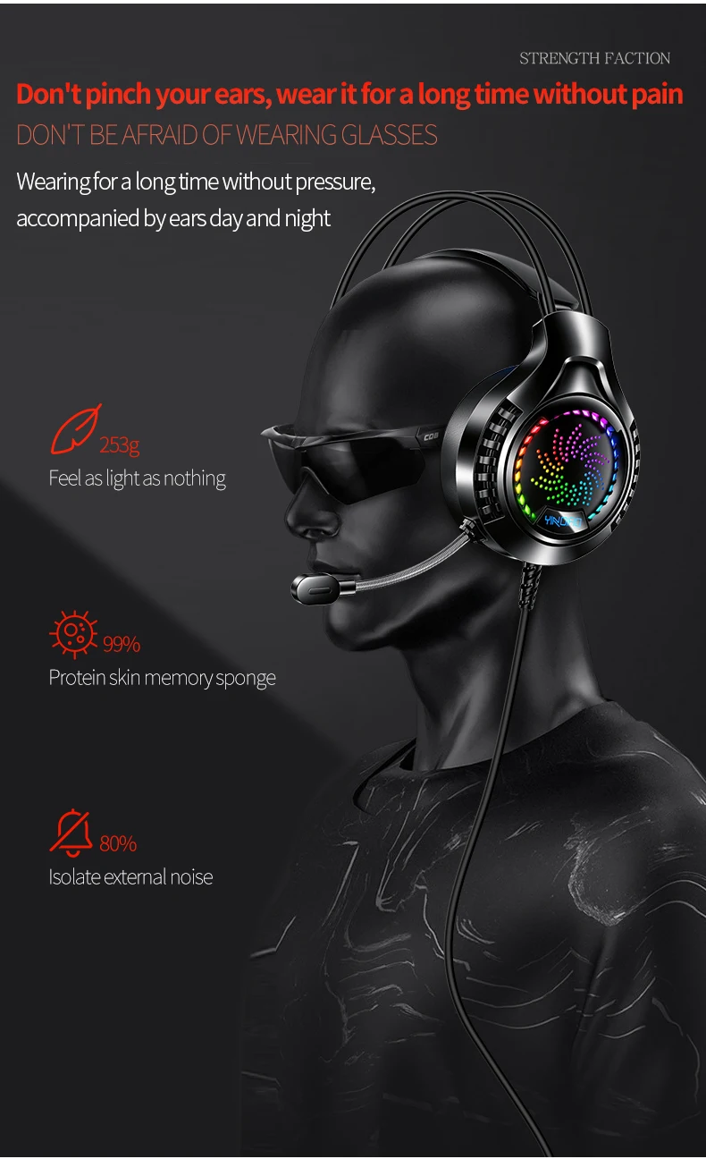Rgb gaming headset com microfone 7.1 surround