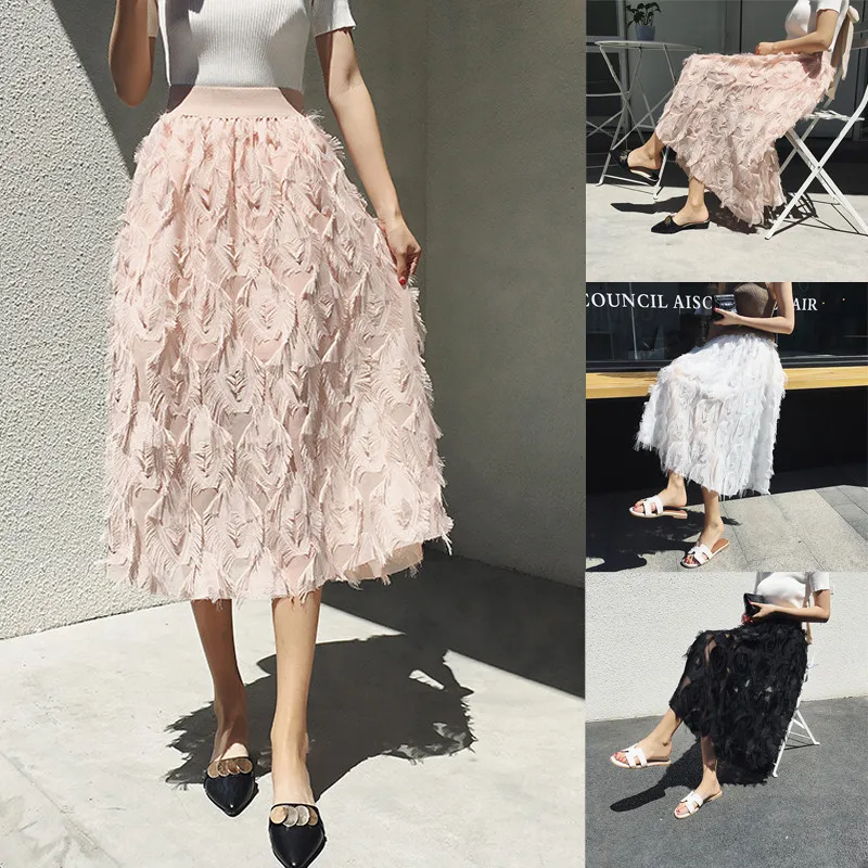 Весна, Женская Длинная Элегантная плиссированная юбка макси с перьями, юбка миди с высокой талией, эластичные Повседневные Вечерние юбки, милая уличная одежда