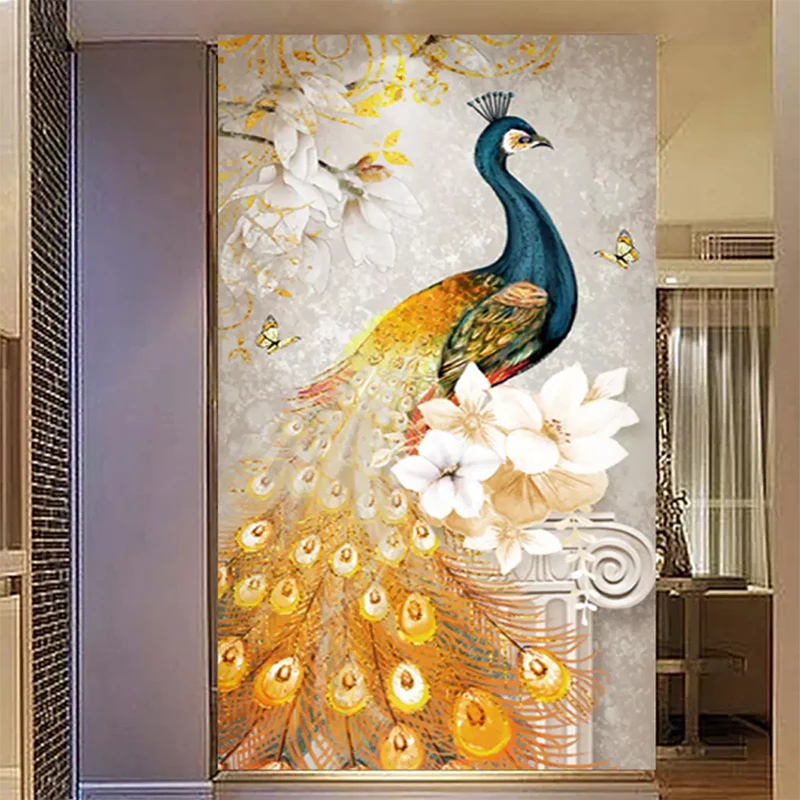 

Drop Shipping European Retro Golden Peacock Abstract Flower Entrance Aisle Decorative Wallpaper Mural Background Wall Painting