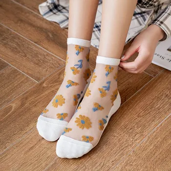 

Woman Ultra-thin Crystal Elastic Silk Socks Cotton Summer Flower Transparent Socks Fashion Glass Silk Ankle Socks Female