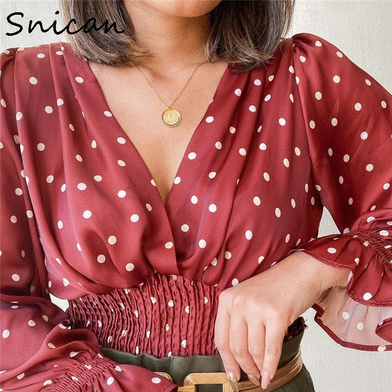 

Snican flare sleeve red polka dots print v neck elastic waist blouse chic vintage crop short tops female shirts za 2020 women