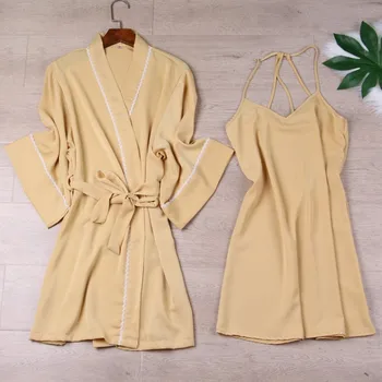 

2020 New Satin 2PCS Nighty&Robe Set Nightwear Female Sleepwear Kimono Gown Silky Bathrobe Intimate Lingerie Casual Homewear