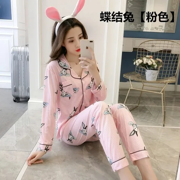 

Spring Comfortable Qmilch Ninth Sleeve Cartoon Pajamas Underwear Cardigan Thin-Seamless Women's Home Wear