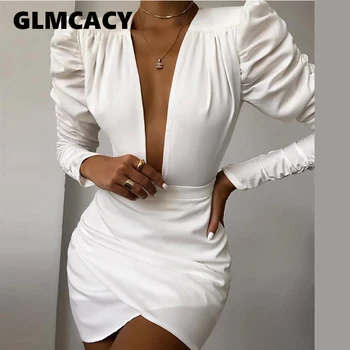 

Women Irregular Solid White Long Sleeve Dress Sexy V Neck Puff Sleeve Party Dress Elegant Ladies Formal Workwear Vestidos Mujer