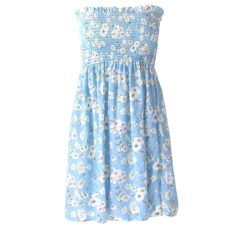 

Womens Strapless Ruffled Hem Pleated Ruched Tube Sun Dress Mini A-Line Bandeau
