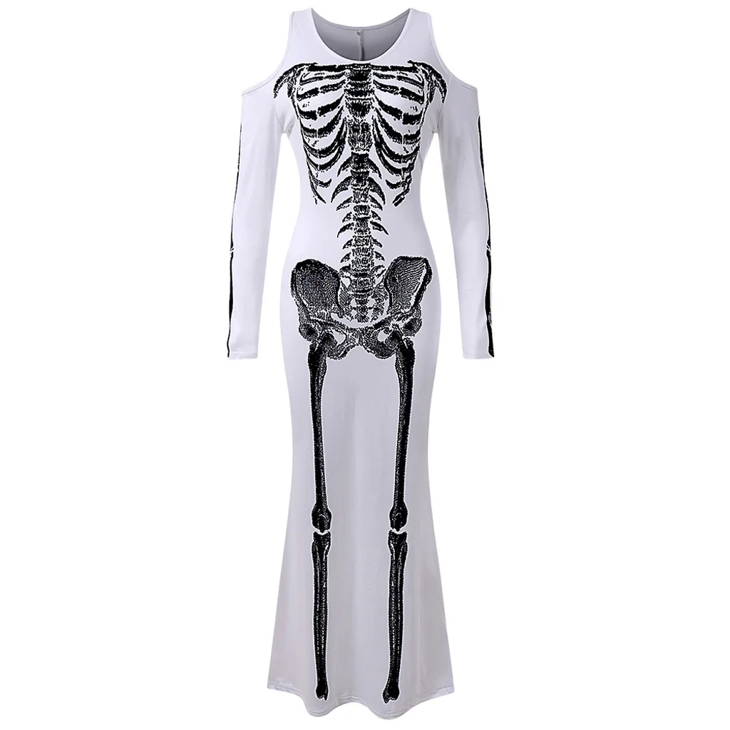 Женское платье элегантное женское платье для косплея на Хэллоуин с круглым вырезом и принтом скелета с длинным рукавом женское платье Vestidos FC