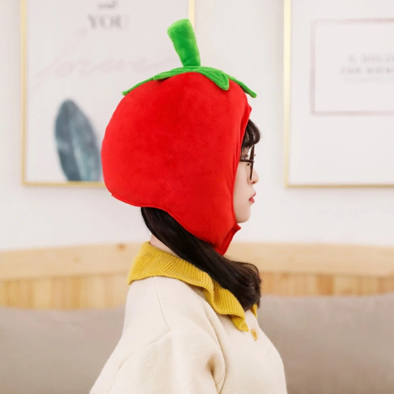 Lovely Tomato Shape Plush Hat Funny Fruit Stuffed Toys Headgear Warm Earflap Cap Performance Cosplay Party Photo Props 3