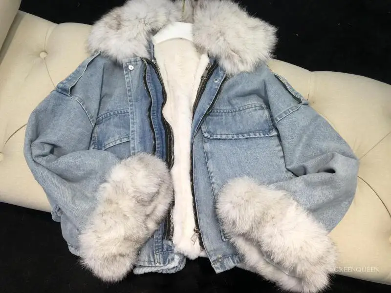 Плотное Свободное пальто с лисой - Цвет: denim white wool