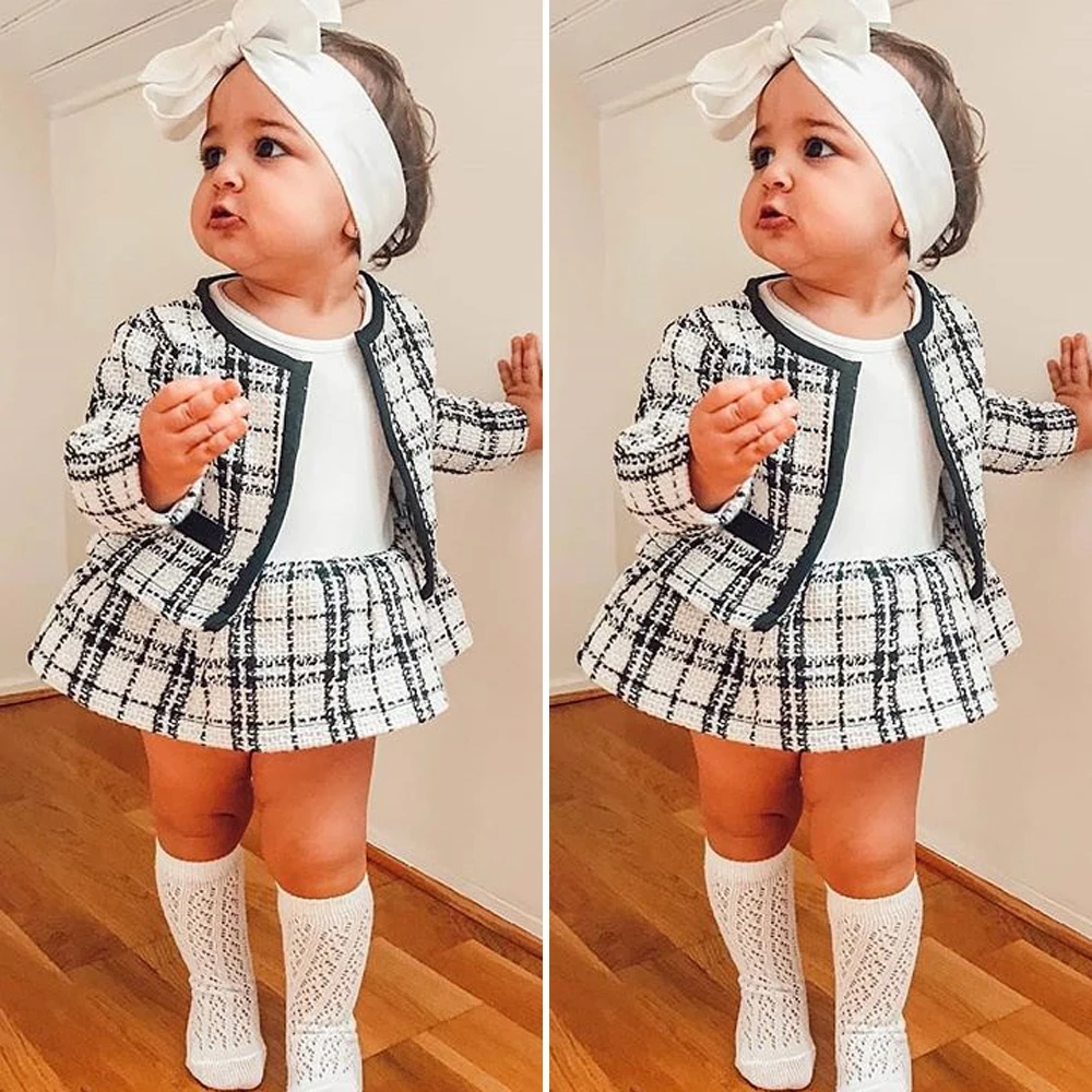  Kids Baby Girl Plaid Coat Toddler Outfits Set JKP4467