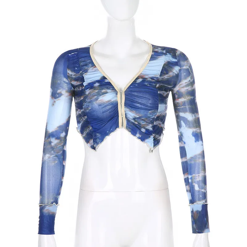 Women's Tie-dye Long-sleeved Top V Neck Ruffled Short Cardigan Sexy Slim-fit Thin Open-button Mesh T-shirt Street Party Wear