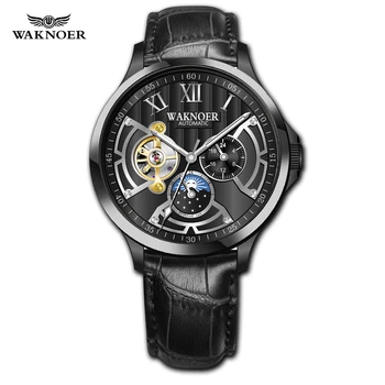

WAKNOER Automatic Watch Top Brand Luxury Men's Watch Luminous Waterproof True Flywheel Lunar Phase Clock Leather Wristwatches