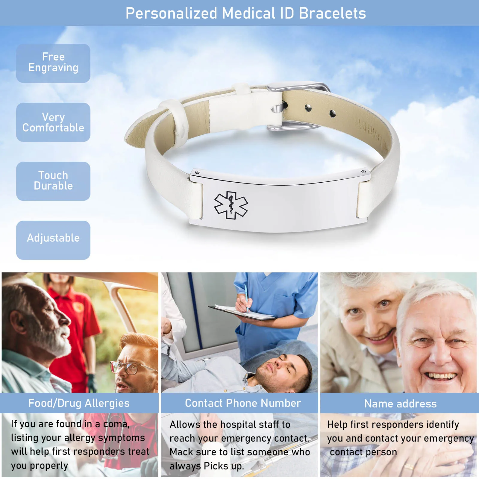 MeMeDIY Bracciale di Allerta Medica Personalizzati per Donne/Uomini Bracciale Impermeabile in Silicone Regolabile/Bracciali in Acciaio Inossidabile con di Info Allerta ID Medico Incise Style-A1