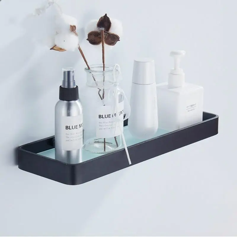 25CM 35CM 45CM Black Aluminum Glass Shelf,Square bathroom glass shelves,Shower room Rack,Cosmetic Shelf