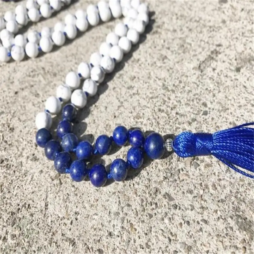 

6mm Lapis Lazuli Howlite 108 Beads Tassels Mala Necklace energy Gemstone pray Veins Chakra Healing Buddhism yoga Unisex cuff