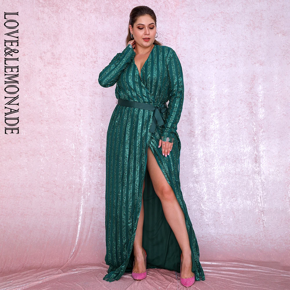 LOVE& LEMONADE размера плюс сексуальные зеленые с глубоким v-образным вырезом полосы с наклеенными блестками крест макси платья lm6546 плюс осень/зима