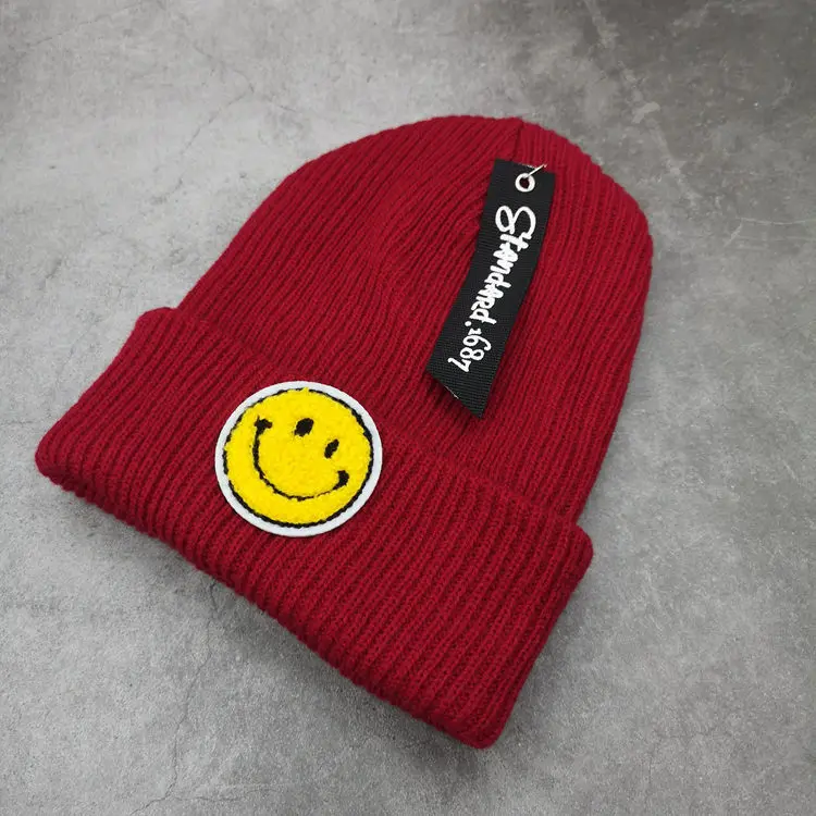Модные мужские шапки-бини с желтым смайликом, осенне-зимняя теплая вязаная шапка для мальчиков и девочек, уличные вязаные шапки