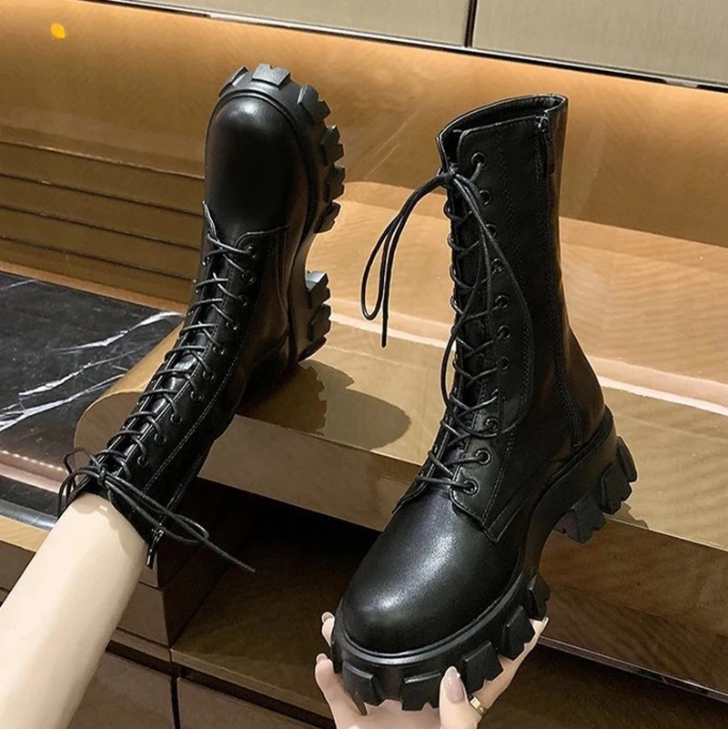 botines botas plataforma botas negras botines negros mujer Botas de media  caña con plataforma para mujer, zapatos sólidos de suela gruesa corta,  botines Martin informales con cordones, para primavera y otoño|Botas a