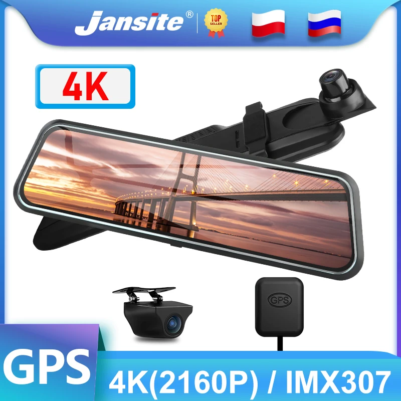 Jansite 10" 4K UHD Car DVR Video Recorder Mirror Touch Screen Built-in HDR 3840X2160P Dashcam Registrars IMX307 Driving Recorder rear view mirror reverse camera