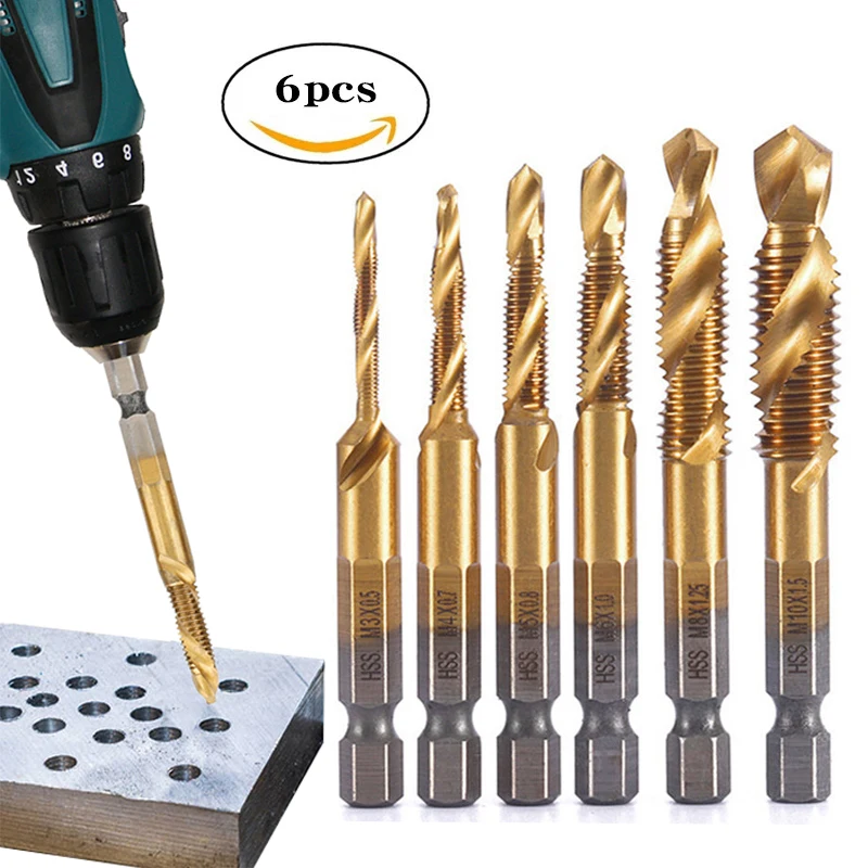 

6Pcs Tap Drill Bit Hex Shank Titanium Plated HSS Screw Thread Metric Bit Screw Machine Compound Tap M3 M4 M5 M6 M8 M10 Hand Tool