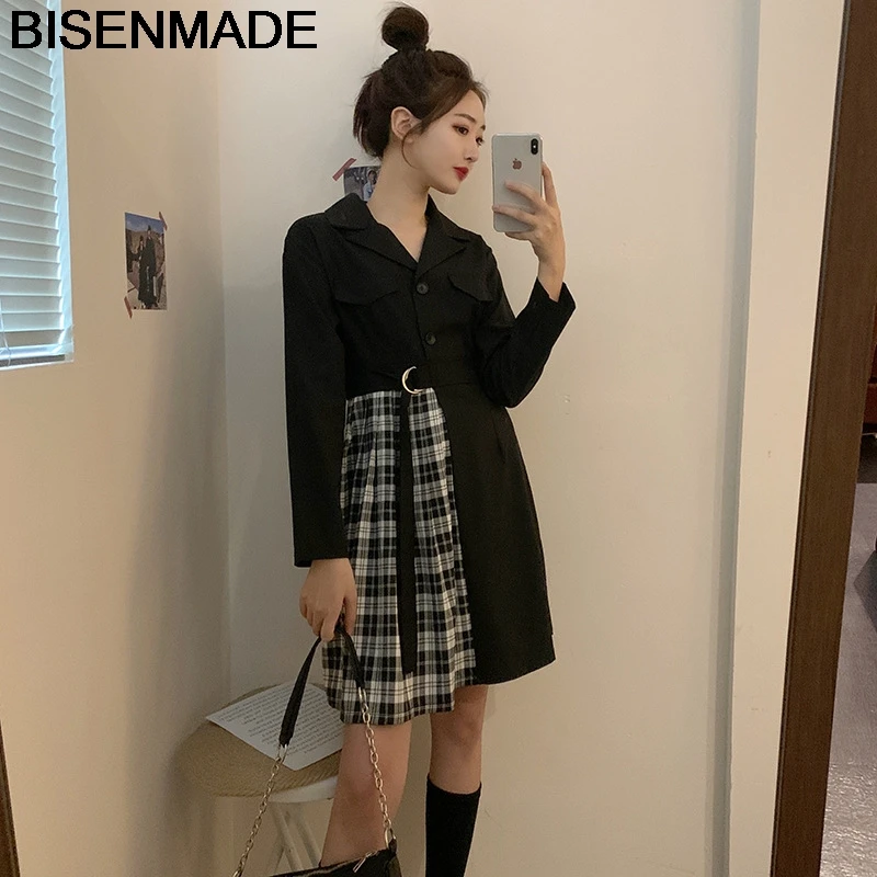 

BISENMADE Oversize Women's Autumn New Style Slim And Loose Plaid Stitching long-sleeved Dress
