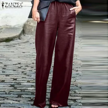 

Solid Work Office Wide Leg Pants ZANZEA 2020 Fashion PU Leather Trousers Women Casual Elastic Waist Pockets Long Pantalon Female