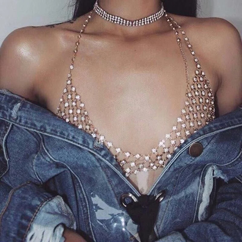 

European and American retro exaggerated personality fashion geometric fishing net hand - made chain chest chain body chain