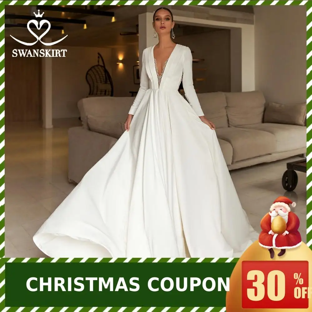 Роскошное атласное свадебное платье, юбка-лебедка, элегантное платье с v-образным вырезом и кристаллами, длинный рукав, ТРАПЕЦИЕВИДНОЕ ПЛАТЬЕ со шлейфом для невесты, Vestido de noiva UZ22