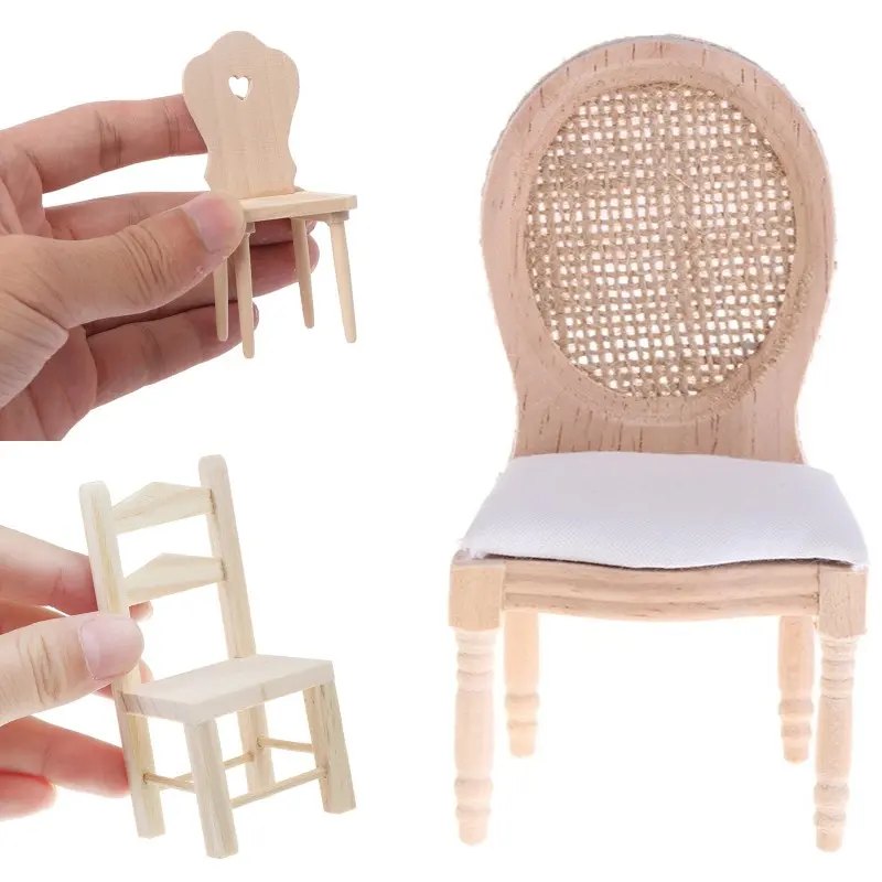 1Pc 1/12 Dolls Miniature Furniture Wooden Unpainted Dining Chair for Dollhouse Decor