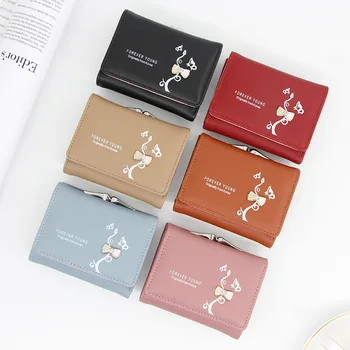 

Short Wallet Women Leather Small Wallet 3 Fold Cartoon Cat Cute Lady Wallet Card Pack Coin Purse