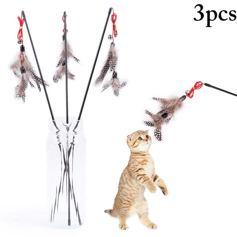 3pcs Pet Cat Teaser Toys Feather Wand Cat Catcher Teaser Stick Cat Interactive Toys Wood Rod Toy with Mini Bell for Cats Kitten toy dogs for sale