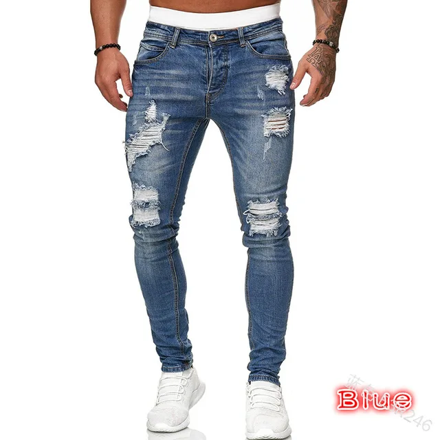 Mens Ripped Skinny Jeans Blue Slim Fit Hole Pencil Pants Casual Biker Trousers Streetwear 2021 High Quality Denim Man Clothing 1990 Blue