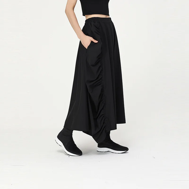 [EAM] высокая эластичная талия, плиссированная юбка с карманами, асимметричная юбка средней длины, женская модная универсальная новинка, весна-осень, 1D010