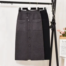 Женская элегантная однобортная юбка миди с карманами, Женская Повседневная вязаная шерстяная черная юбка с высокой талией, зима, SK463