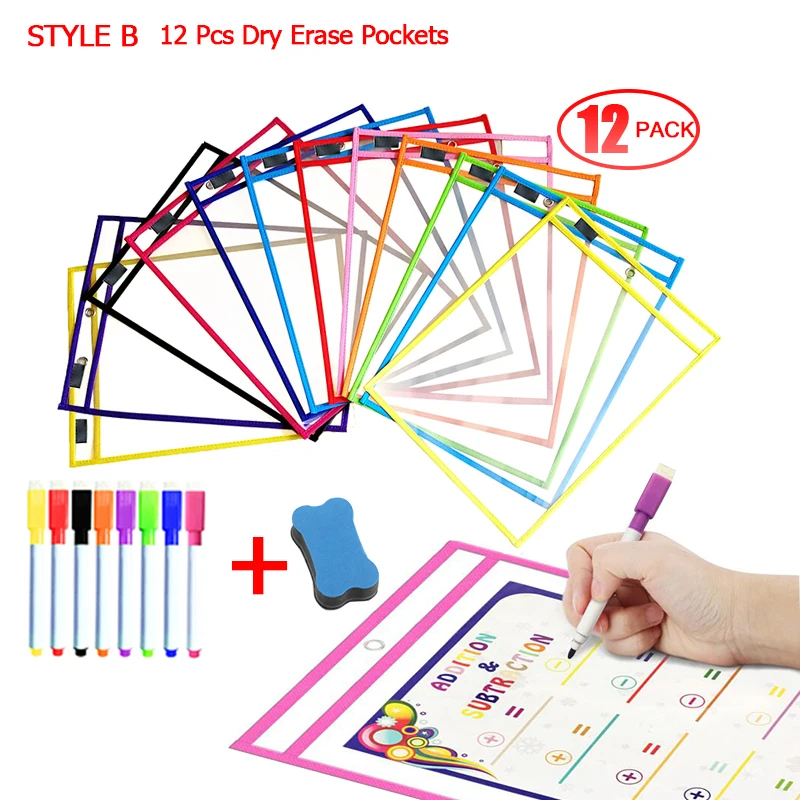 

12Pcs Dry Erase Pockets Write and Wipe File Kids Transparent Dry Wipe The File Bag Whiteboard Drawing Teaching School Supplies