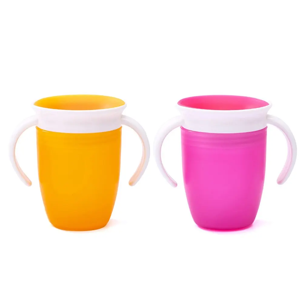 2 шт., 360 градусов, можно поворачивать, Волшебная чашка, Детская обучающая Питьевая чашка с двойной ручкой, герметичная чашка для бутылок - Цвет: Pink and Orange